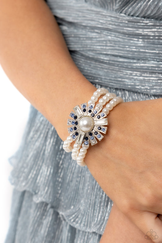 Paparazzi Accessories-Gifted Gatsby Blue Rhinestone Pearl Wrap Bracelet