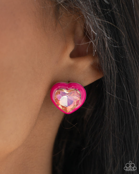 Paparazzi Accessories-Heartfelt Haute Pink UV Shimmery Heart Earrings