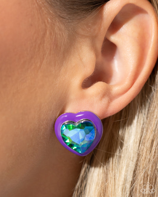 Paparazzi Accessories-Heartfelt Haute Purple Shimmery UV Heart Earrings