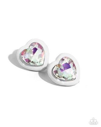 Paparazzi Accessories-Heartfelt Haute White UV Shimmery Heart Earrings