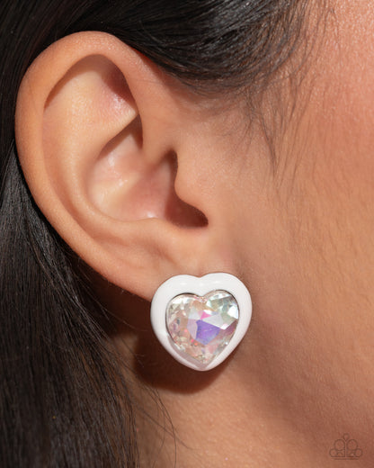 Paparazzi Accessories-Heartfelt Haute White UV Shimmery Heart Earrings