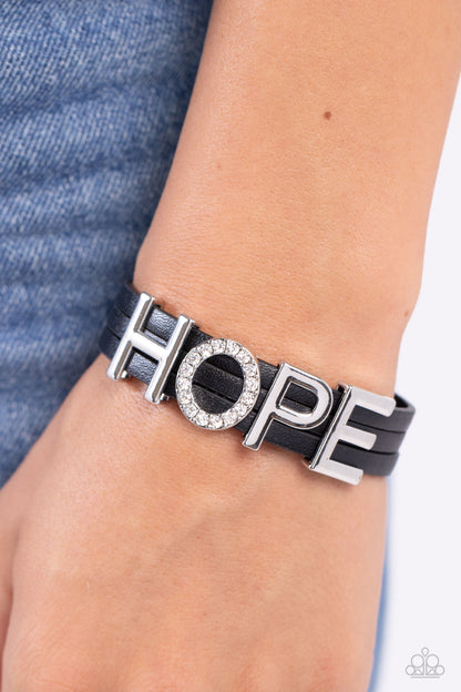 Paparazzi Accessories-Hopeful Haute Black Leather HOPE Bracelet