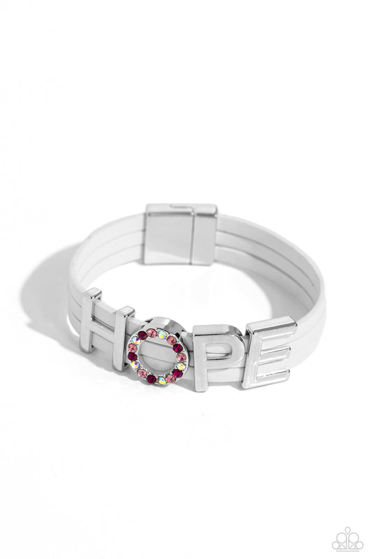 Paparazzi Accessories-Hopeful Haute White Leather Pink Hope Bracelet