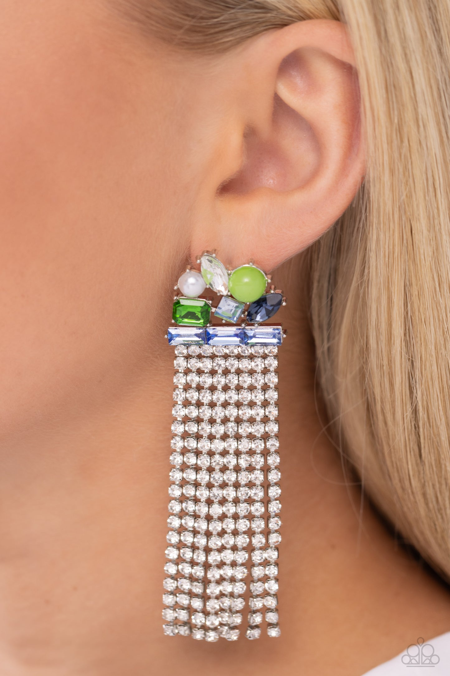 Paparazzi Accessories-Horizontal Hallmark Blue Emerald Cut Earrings