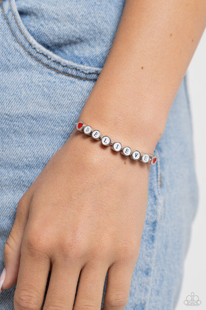 Paparazzi Accessories-I Cant Believe It! White Painted BELIEVE Bracelet