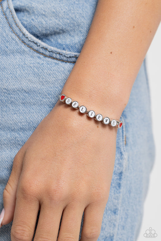 Paparazzi Accessories-I Cant Believe It! White Painted BELIEVE Bracelet