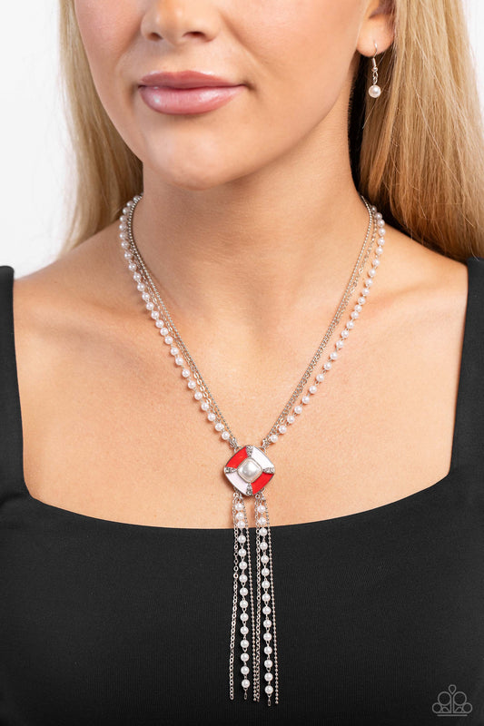 Paparazzi Accessories-I Pinky SQUARE Red Painted Pearl Necklace Set