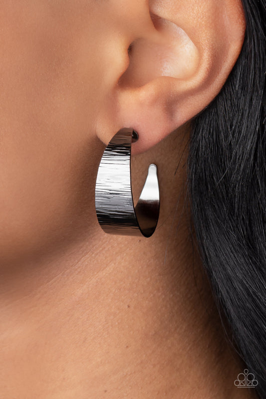 Paparazzi Accessories-Lecture On Texture Black Ribbon Hoop Earring