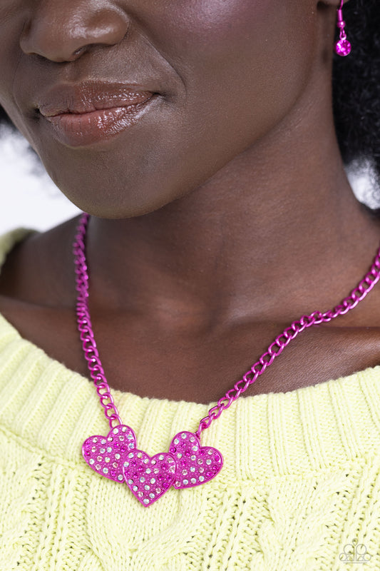 Paparazzi Accessories-Low-Key Lovestruck Pink 3 Heart Necklace Set