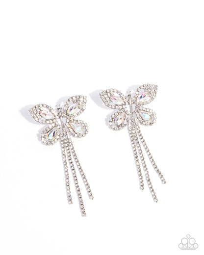 Paparazzi Accessories-Next SOAR White Rhinestone Butterfly Earrings