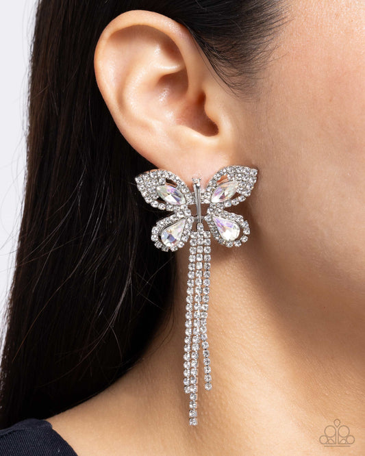 Paparazzi Accessories-Next SOAR White Rhinestone Butterfly Earrings