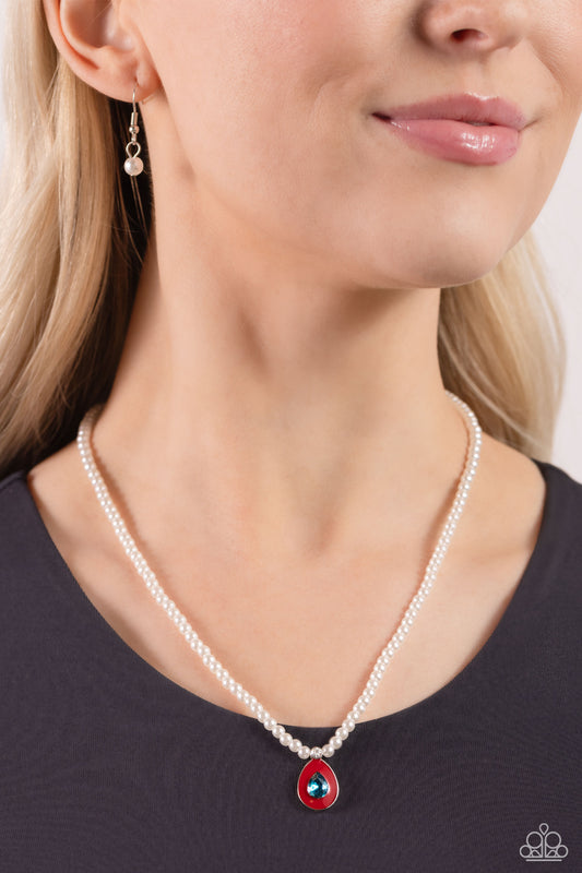 Paparazzi Accessories-PEARL-demonium Red Gem White Pearl Necklace Set