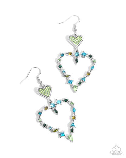 Paparazzi Accessories-Parallel Passion Green Dainty Rhinestone Earrings