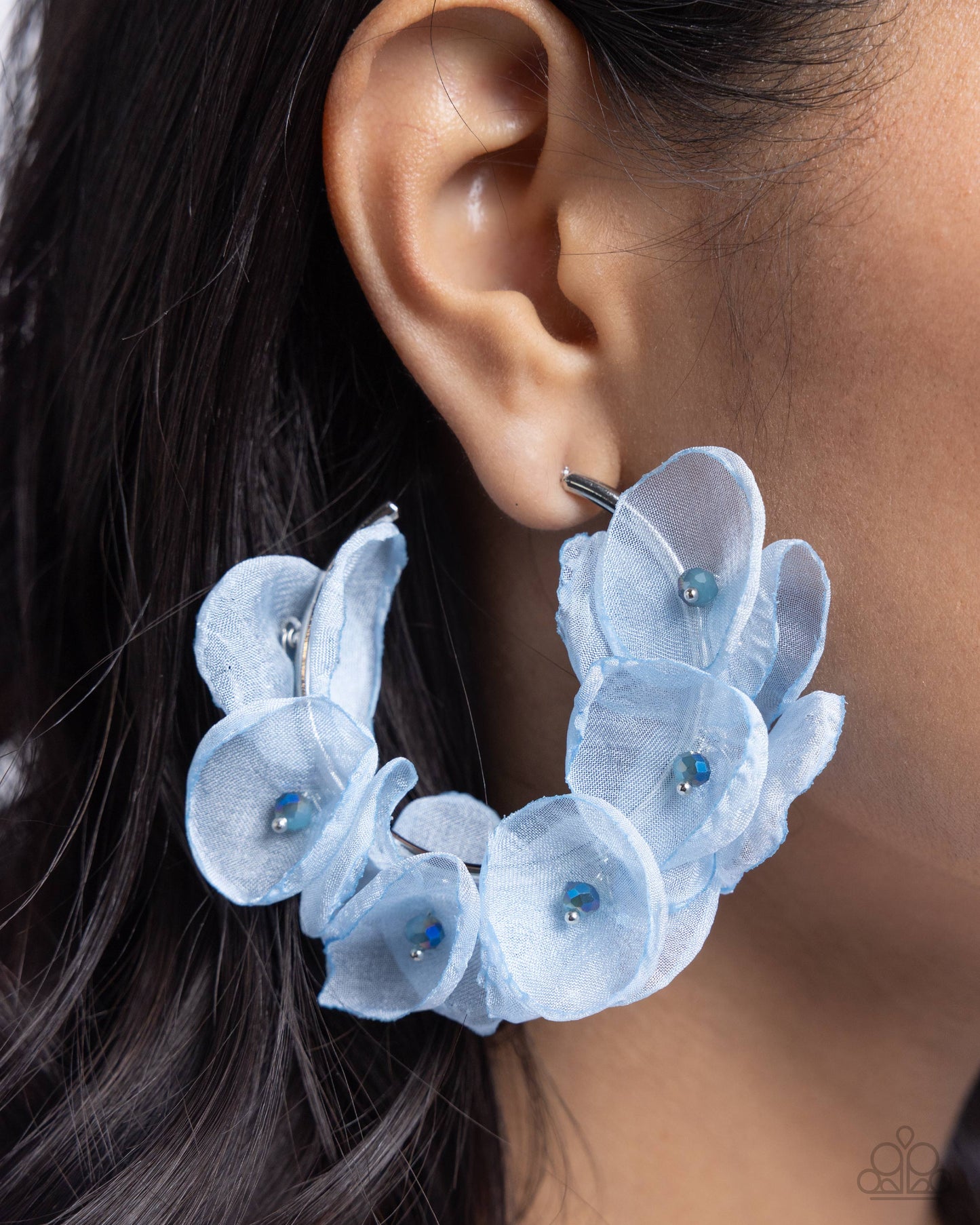 Paparazzi Accessories-Petaled Pageant Blue Chiffon Flower Hoop Earrings