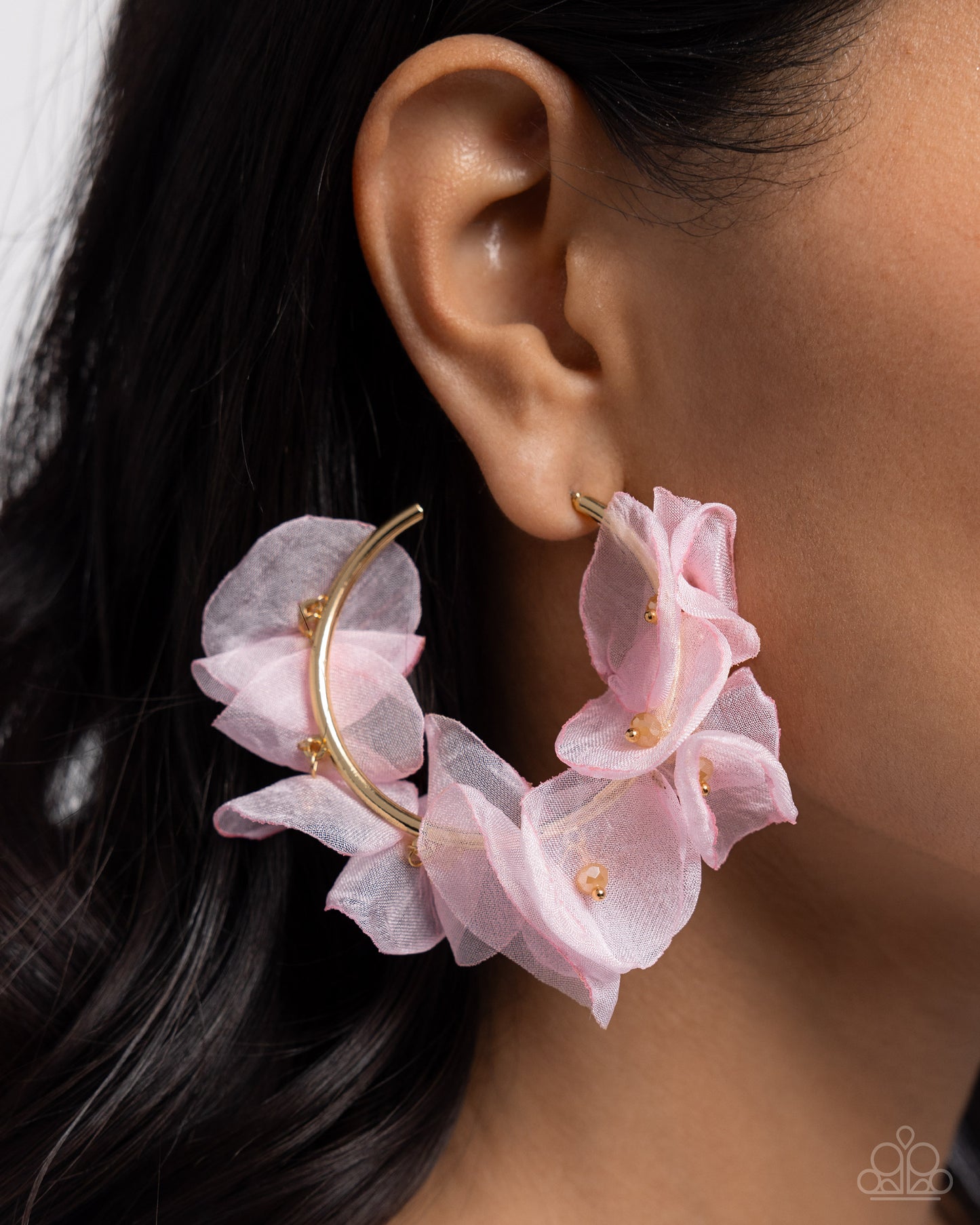 Paparazzi Accessories-Petaled Pageant Pink Chiffon Gold Hoop Earrings