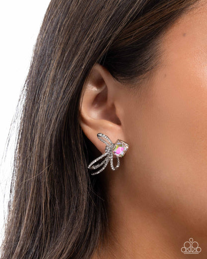 Paparazzi Accessories-Positively Radiant White Rhinestone Bow Earrings