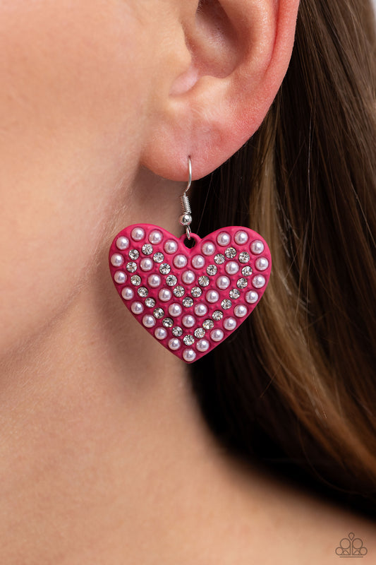 Paparazzi Accessories-Romantic Reunion Pink Peacock Pearl Heart Earrings