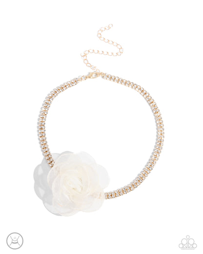 Paparazzi Accessories-Rosy Range Gold Rosette Tulle Choker Set