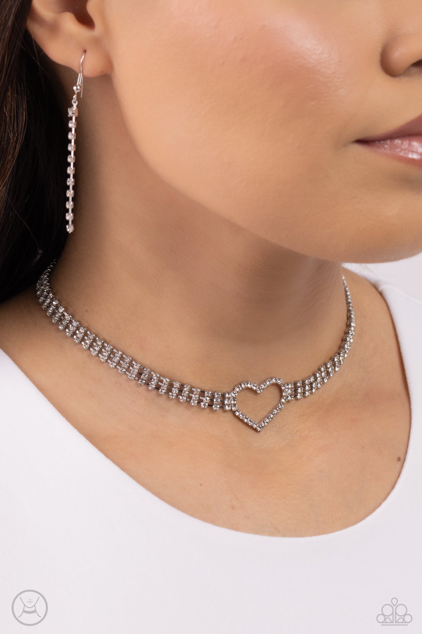 Paparazzi Accessories-Rows of Romance White Rhinestone Heart Choker Set