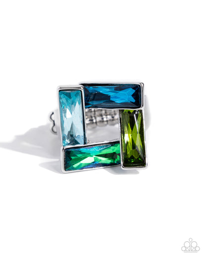 Paparazzi Accessories-Sinuous Square Blue Emerald Topsy-Turvy Ring