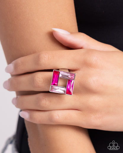 Paparazzi Accessories-Sinuous Square Pink Topsy-Turvy Emerald-Cut Ring