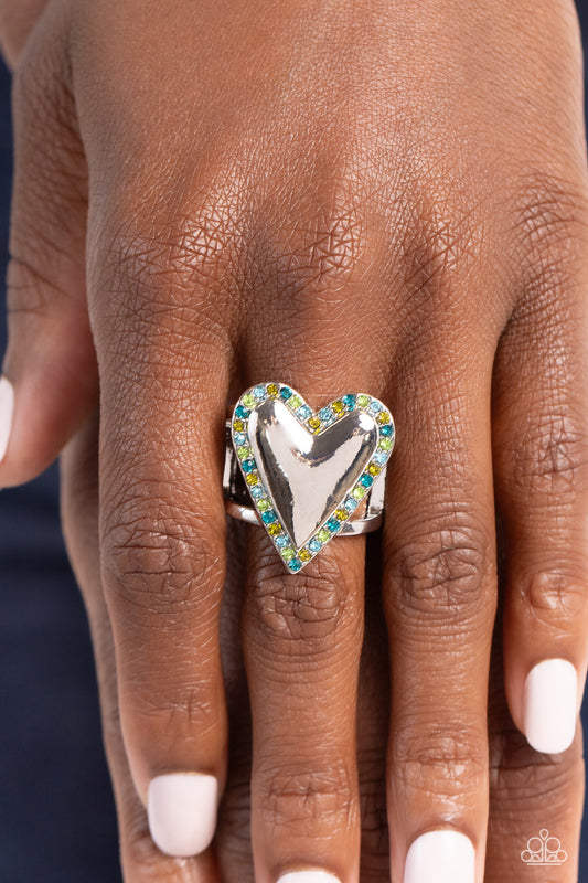 Paparazzi Accessories-Smitten Shimmer Green Rhinestone Silver Heart Ring