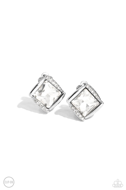 Paparazzi Accessories-Sparkle Squared White Rhinestone Clip-On Earrings