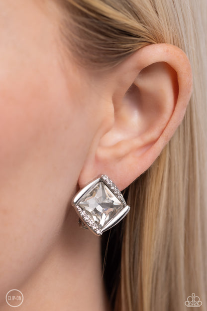 Paparazzi Accessories-Sparkle Squared White Rhinestone Clip-On Earrings