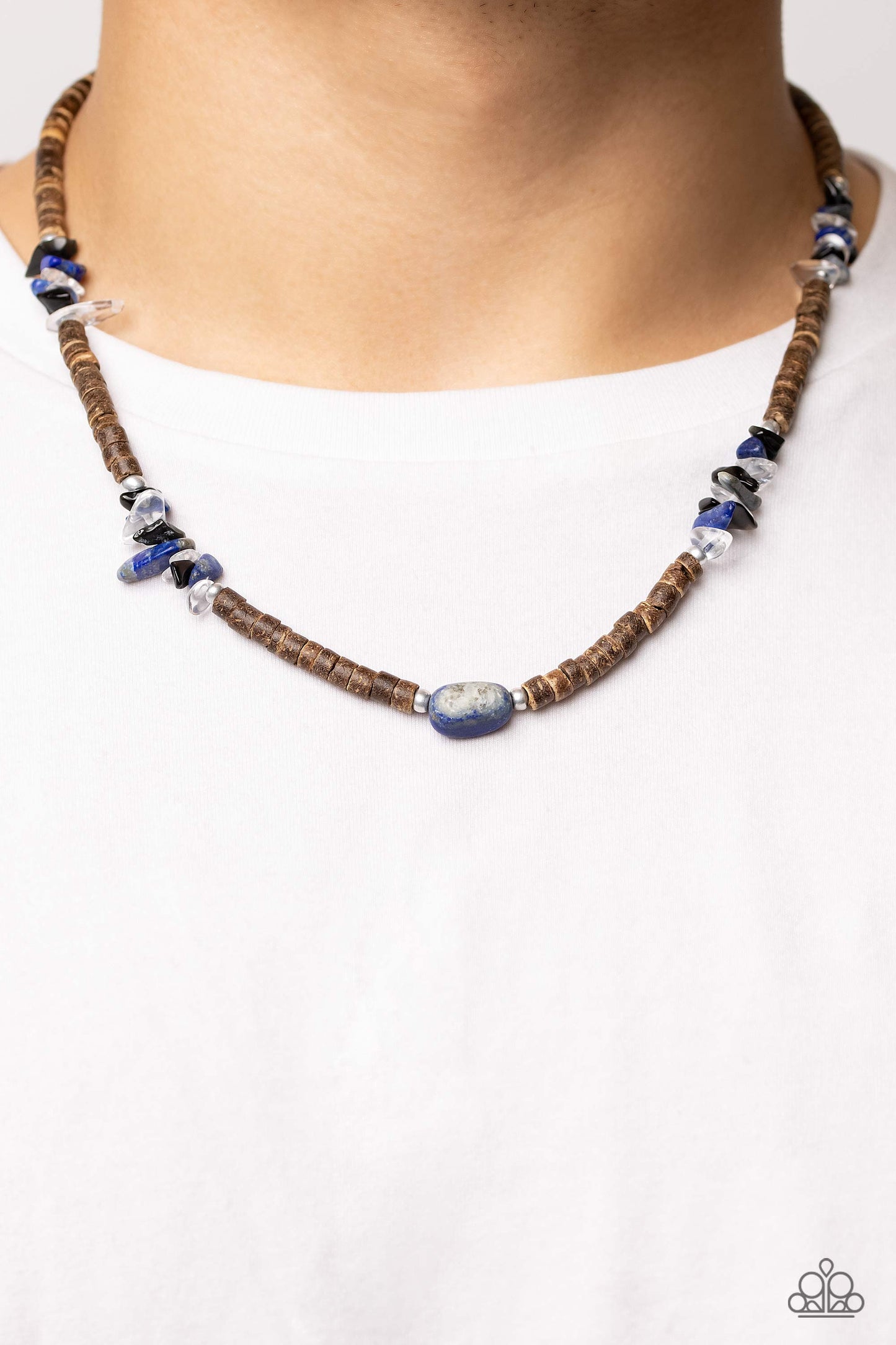 Paparazzi Accessories-Stony Survivor Blue Men's Wooden Bead Neck Cord