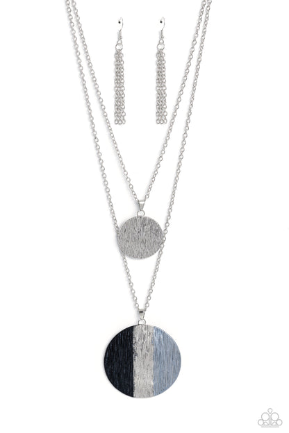 Paparazzi Accessories-Striped Style Silver Glossy Blue Disc Necklace Set