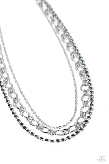 Paparazzi Accessories-Tasteful Tiers Green Rhinestone Necklace Set