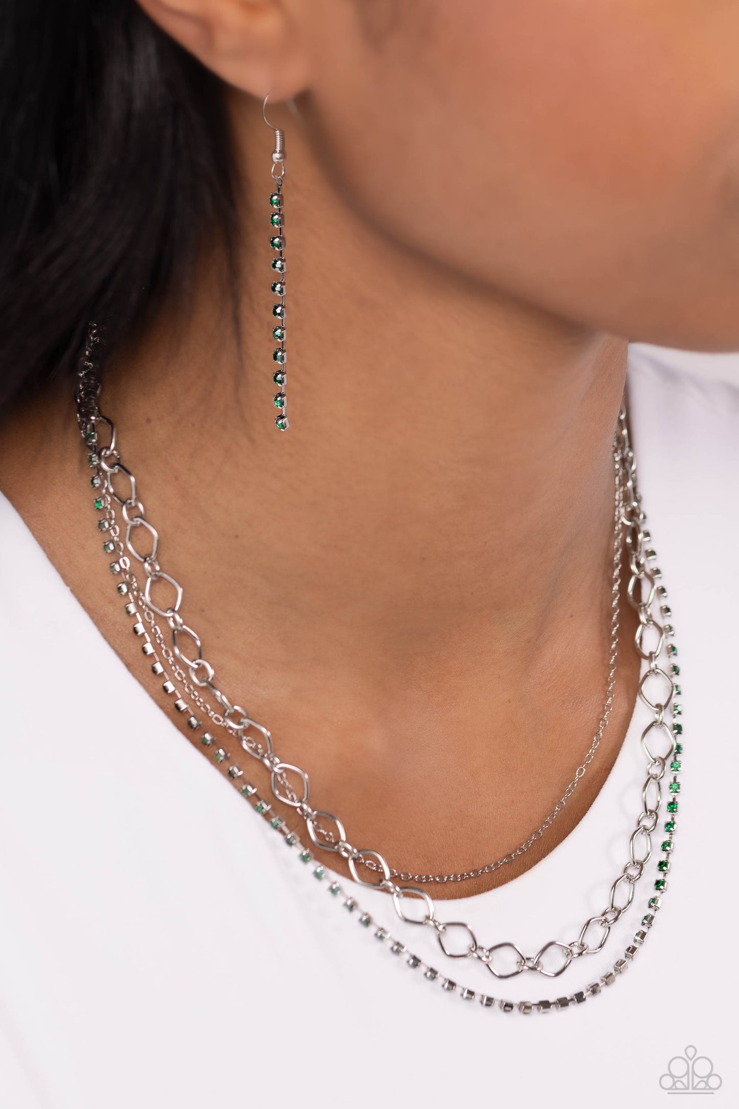 Paparazzi Accessories-Tasteful Tiers Green Rhinestone Necklace Set