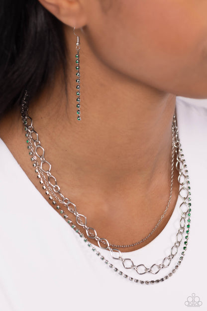 Paparazzi Accessories-Tasteful Tiers Green Rhinestone Necklace Set