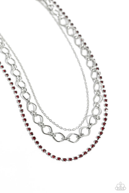 Paparazzi Accessories-Tasteful Tiers Red Rhinestone Silver Necklace Set