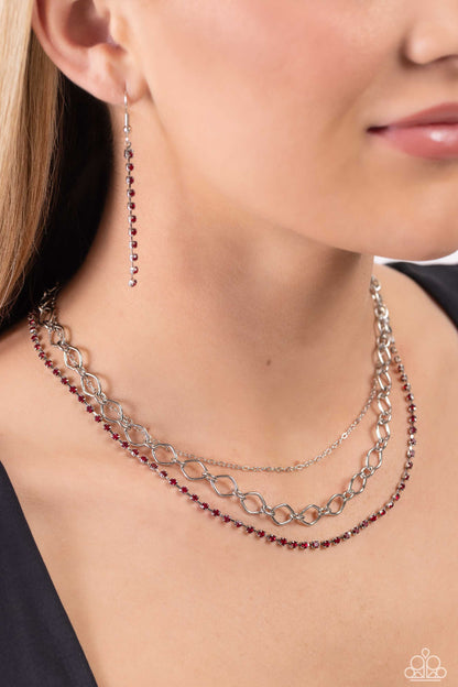 Paparazzi Accessories-Tasteful Tiers Red Rhinestone Silver Necklace Set