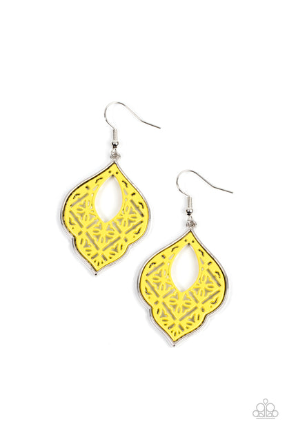 Paparazzi Accessories-Thessaly Terrace Yellow Floral Scalloped Earrings