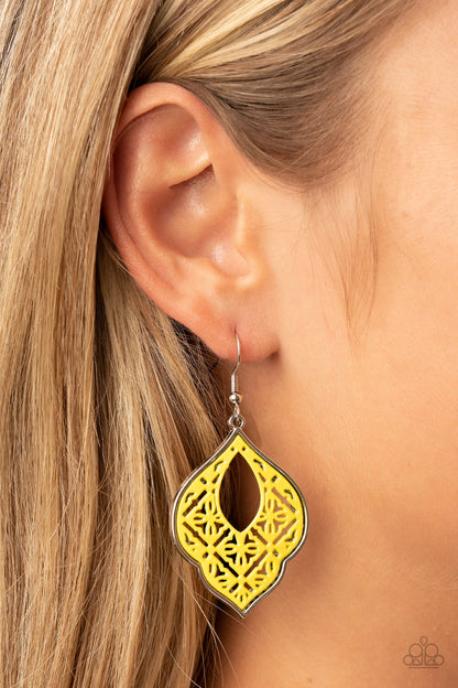 Paparazzi Accessories-Thessaly Terrace Yellow Floral Scalloped Earrings