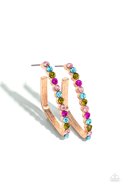 Paparazzi Accessories-Triangular Tapestry Rose Gold Rhinestone Earrings