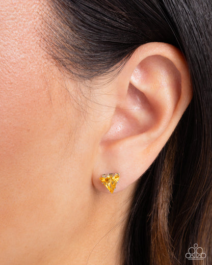 Paparazzi Accessories-Triangular Twinkle Yellow Cubic Zirconia Earrings