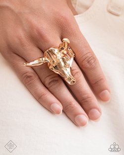 Paparazzi Accessories-Texan Tudor Gold Cow Skull Western Ring