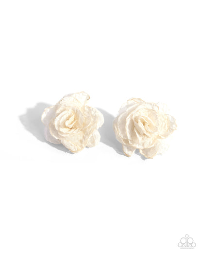 Paparazzi Accessories-Tulle Twist White Stunning Rosette Earrings