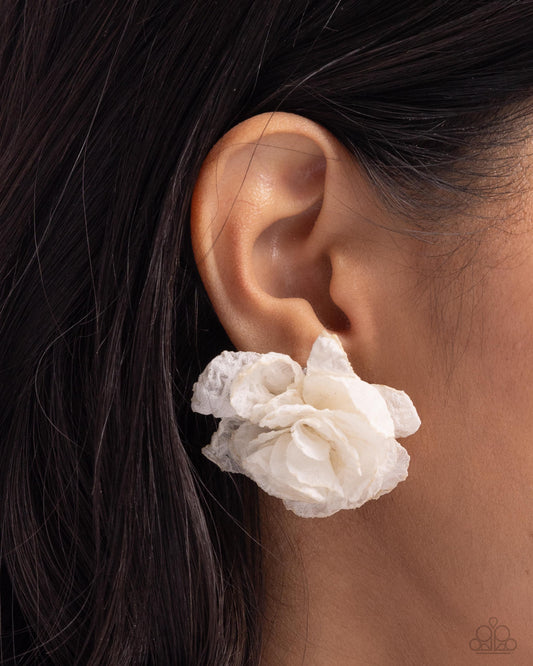 Paparazzi Accessories-Tulle Twist White Stunning Rosette Earrings