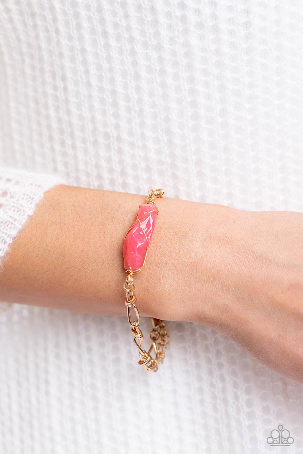 Paparazzi Accessories-Whimsically Wrapped Pink Stone Gold Wire Bracelet