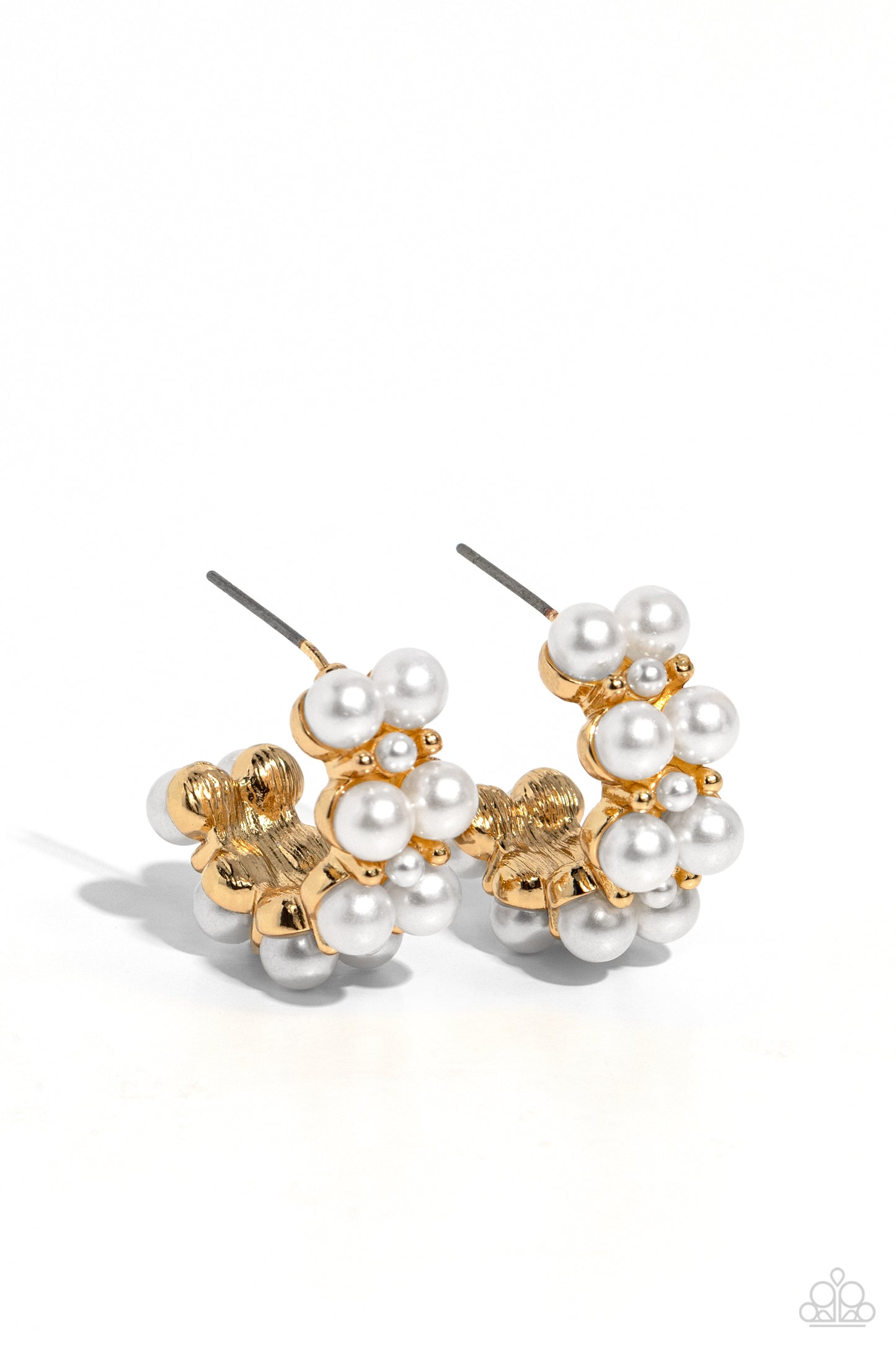 Paparazzi Accessories-White Collar Wardrobe Gold Bubbly Pearl Earrings