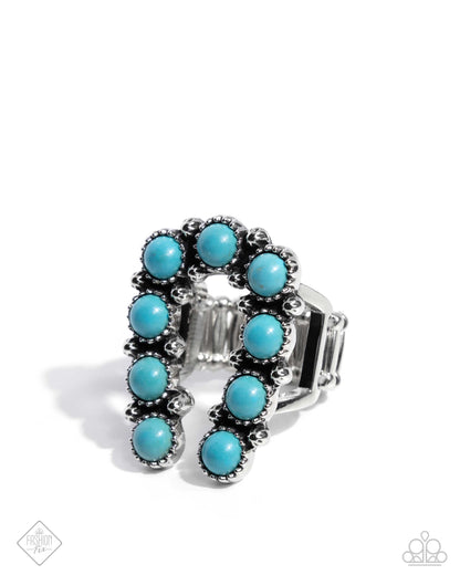 Paparazzi Accessories-Wild West Whisper Blue Studded Horseshoe Ring