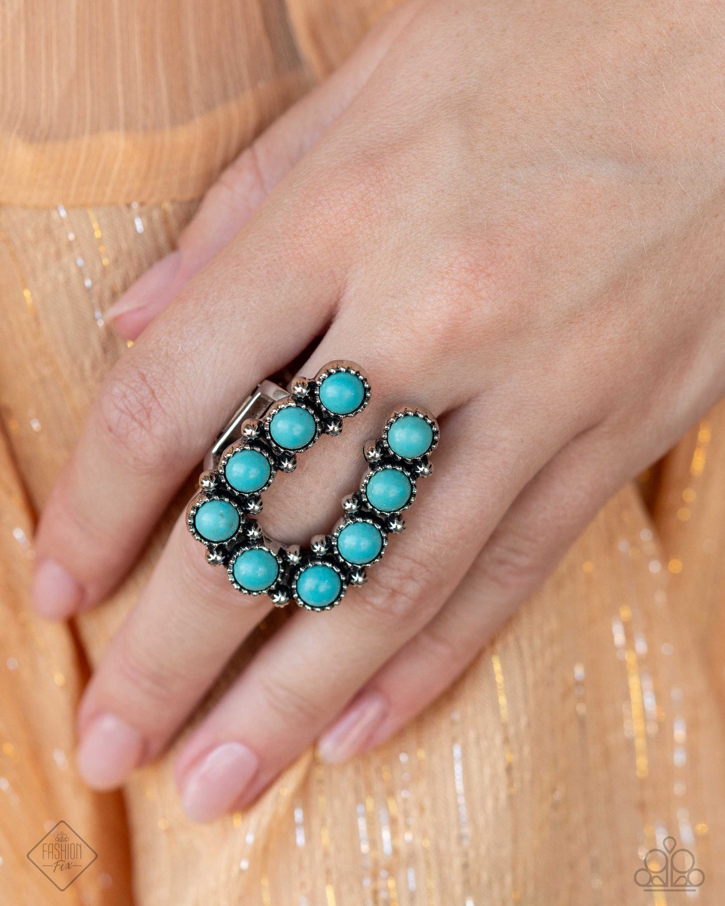 Paparazzi Accessories-Wild West Whisper Blue Studded Horseshoe Ring