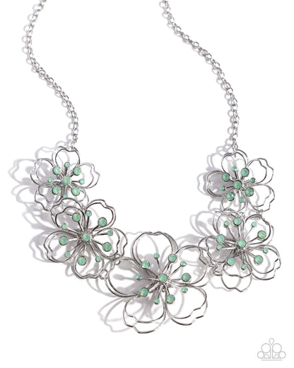 Paparazzi Accessories-Wiry Wallflowers Green Rhinestone Necklace Set