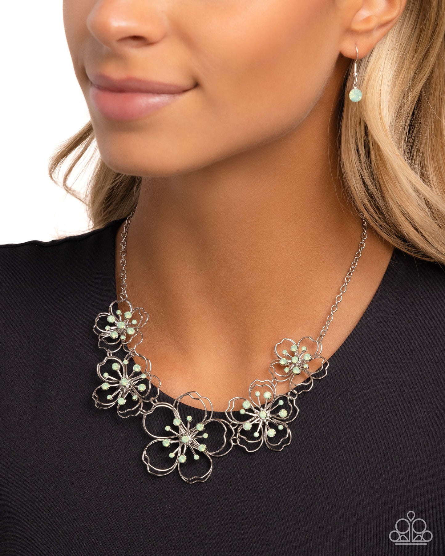 Paparazzi Accessories-Wiry Wallflowers Green Rhinestone Necklace Set