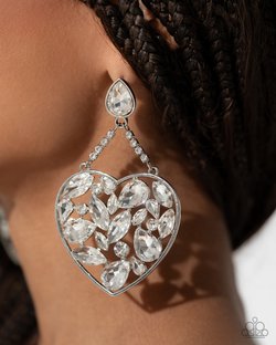 Paparazzi Accessories-Glittery Gait White Rhinestone LOTP Heart Earrings