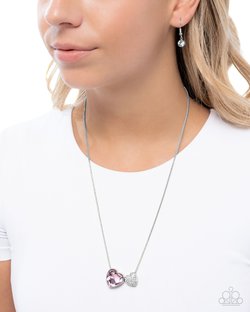 Paparazzi Accessories-Lovely Couple Silver Heart Pink Gem Necklace Set